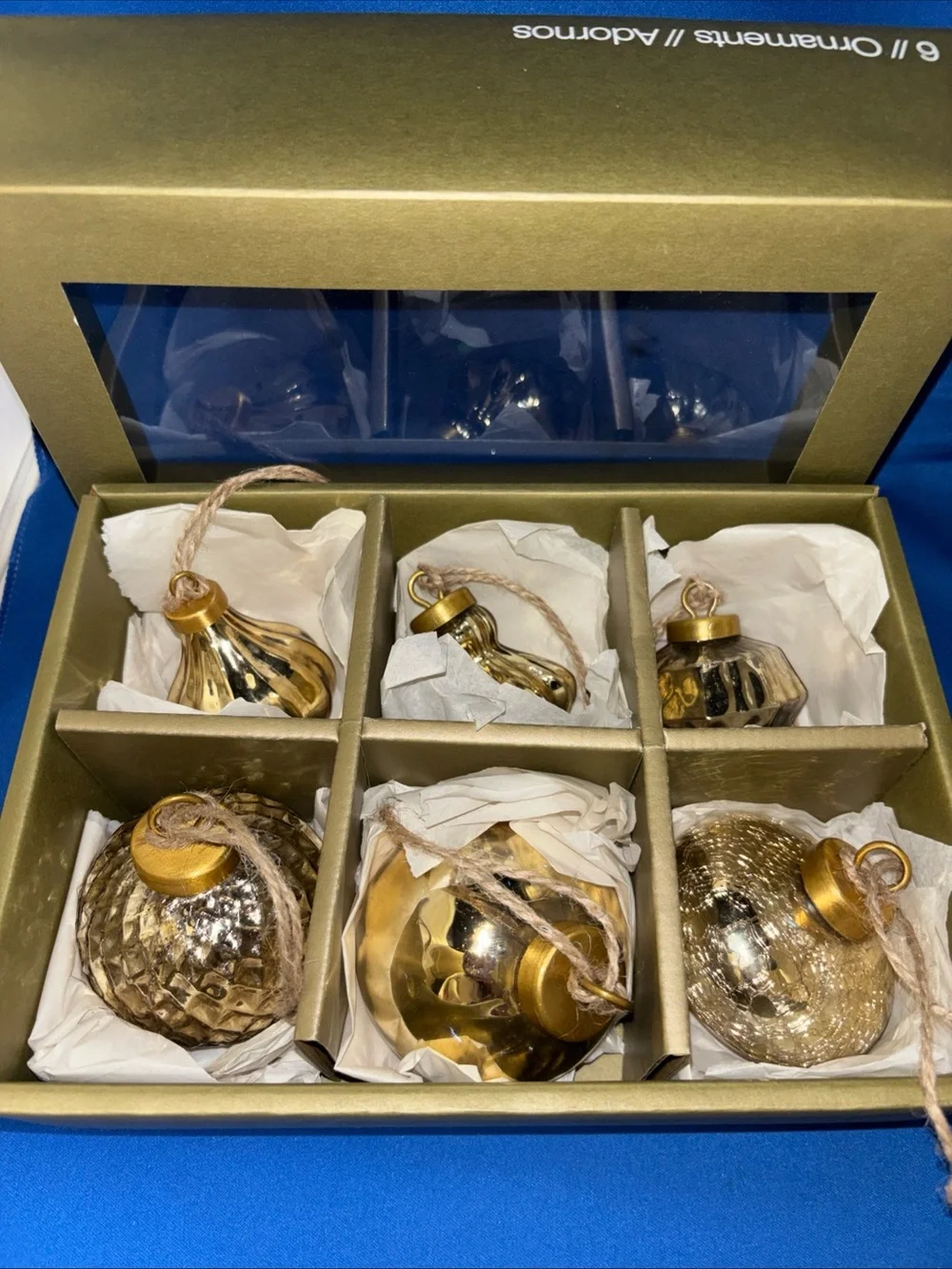 Crate&Barrel Gold Tone Mercury Glass Christmas Ornaments, Boxed Set of 6